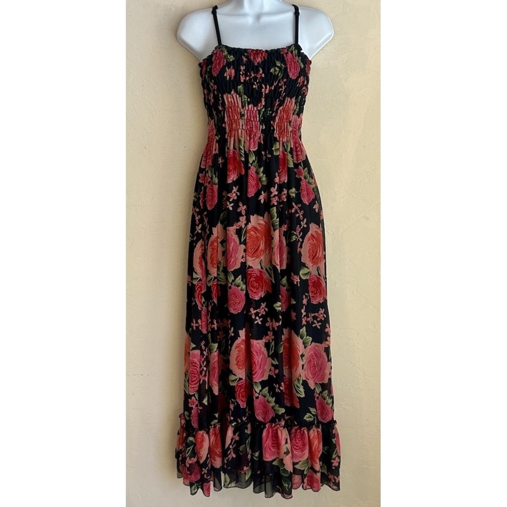 Vintage Y2K Stone Flower Floral‎ Glitter Maxi Dress XS S Romantic Fairy Sheer